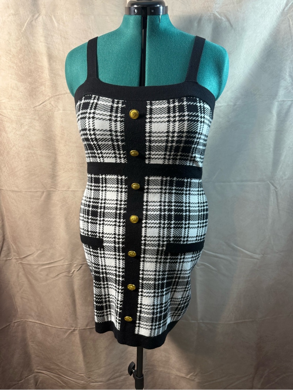 139-Black & White Plaid Knit Mini Dress with Gold Buttons